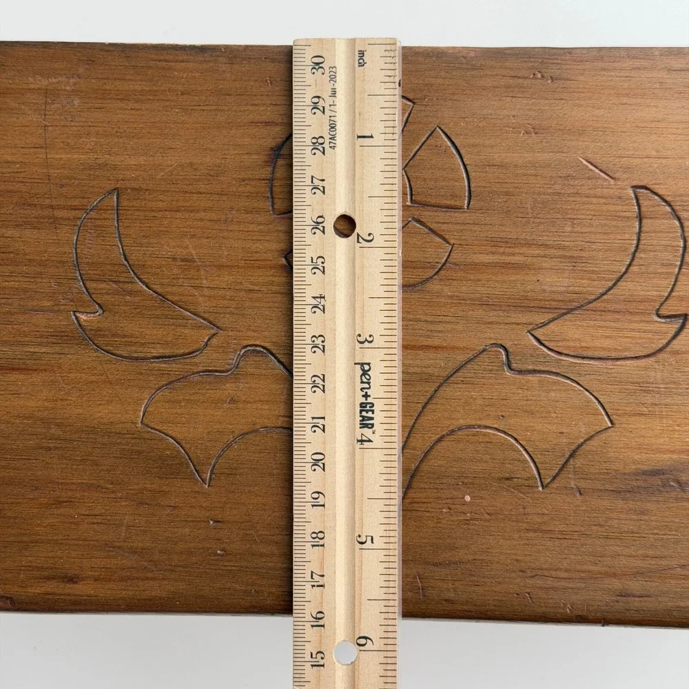 Vintage Wooden Jewelry Box Chest Rustic Carved Flower Red Fur Liner‎ 80s Cabin